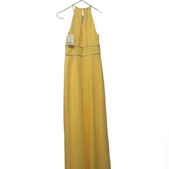 Jenny Packman Lux Chiffon Halter Yellow Lemon Drop Maxi Dress w/Beaded Trim Sz0 - Picture 3 of 5